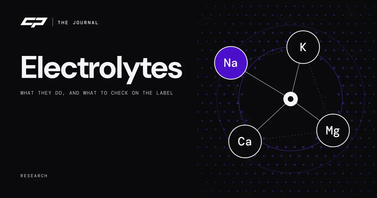 Network diagram linking sodium, potassium, calcium and magnesium nodes around a central hub, beside the headline Electrolytes